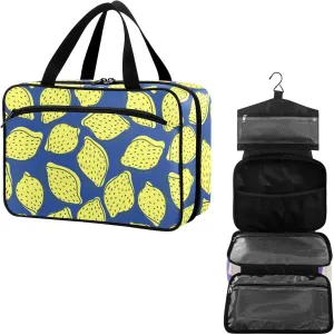 Travel Toiletry Bag for Woman/Men,Yellow and Navy Blue Hand Draw Lemon Hanging Organizer Bag with Pockets Portable Folding Travel Case Bags for Makeup Cosmetic Toiletries Storage Traveling-M