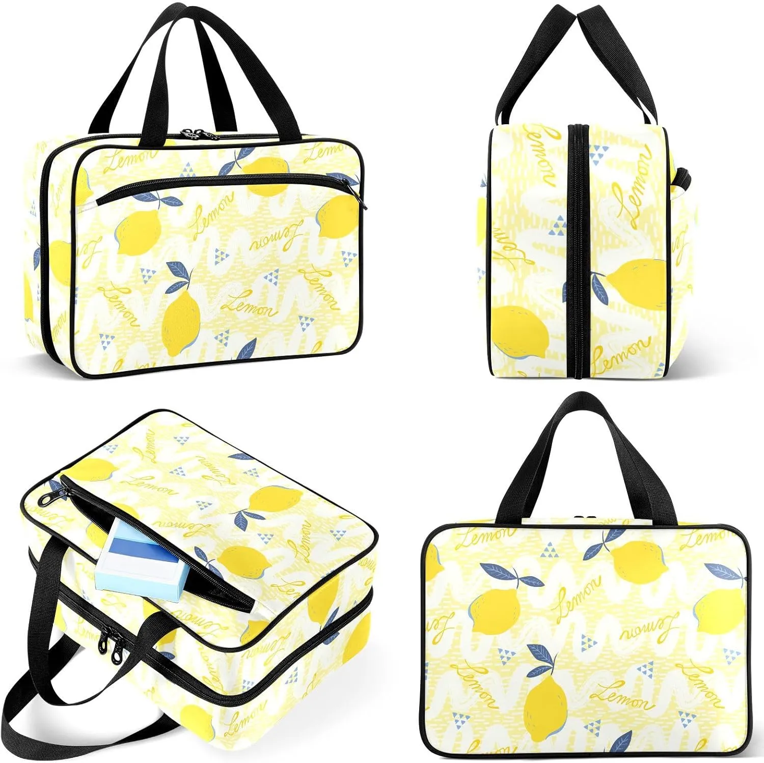 Travel Toiletry Bag for Woman/Men,Yellow Hand Draw Lemon Hanging Organizer Bag with Pockets Portable Folding Travel Case Bags for Makeup Cosmetic Toiletries Storage Traveling-L