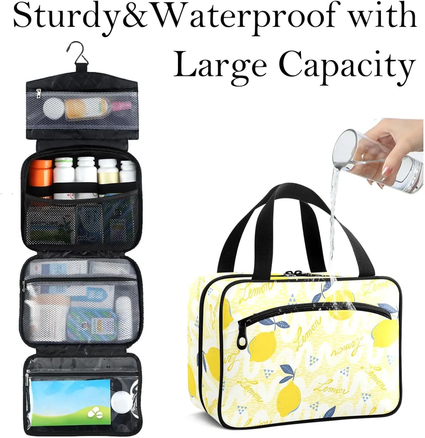 Travel Toiletry Bag for Woman/Men,Yellow Hand Draw Lemon Hanging Organizer Bag with Pockets Portable Folding Travel Case Bags for Makeup Cosmetic Toiletries Storage Traveling-L