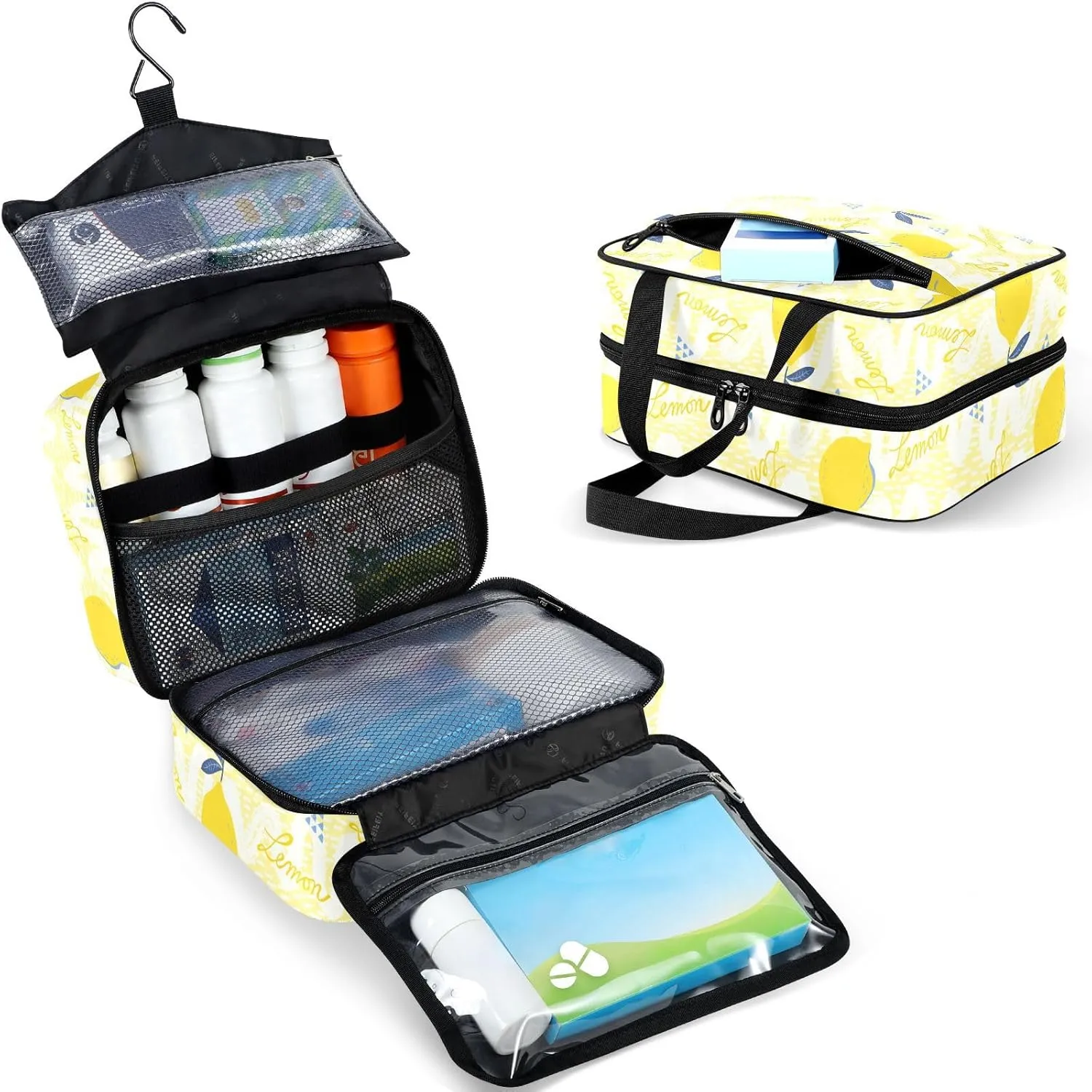 Travel Toiletry Bag for Woman/Men,Yellow Hand Draw Lemon Hanging Organizer Bag with Pockets Portable Folding Travel Case Bags for Makeup Cosmetic Toiletries Storage Traveling-L