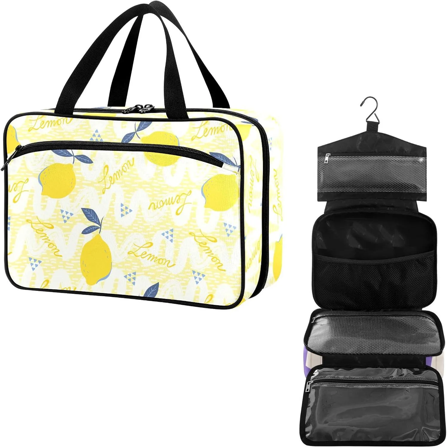 Travel Toiletry Bag for Woman/Men,Yellow Hand Draw Lemon Hanging Organizer Bag with Pockets Portable Folding Travel Case Bags for Makeup Cosmetic Toiletries Storage Traveling-L