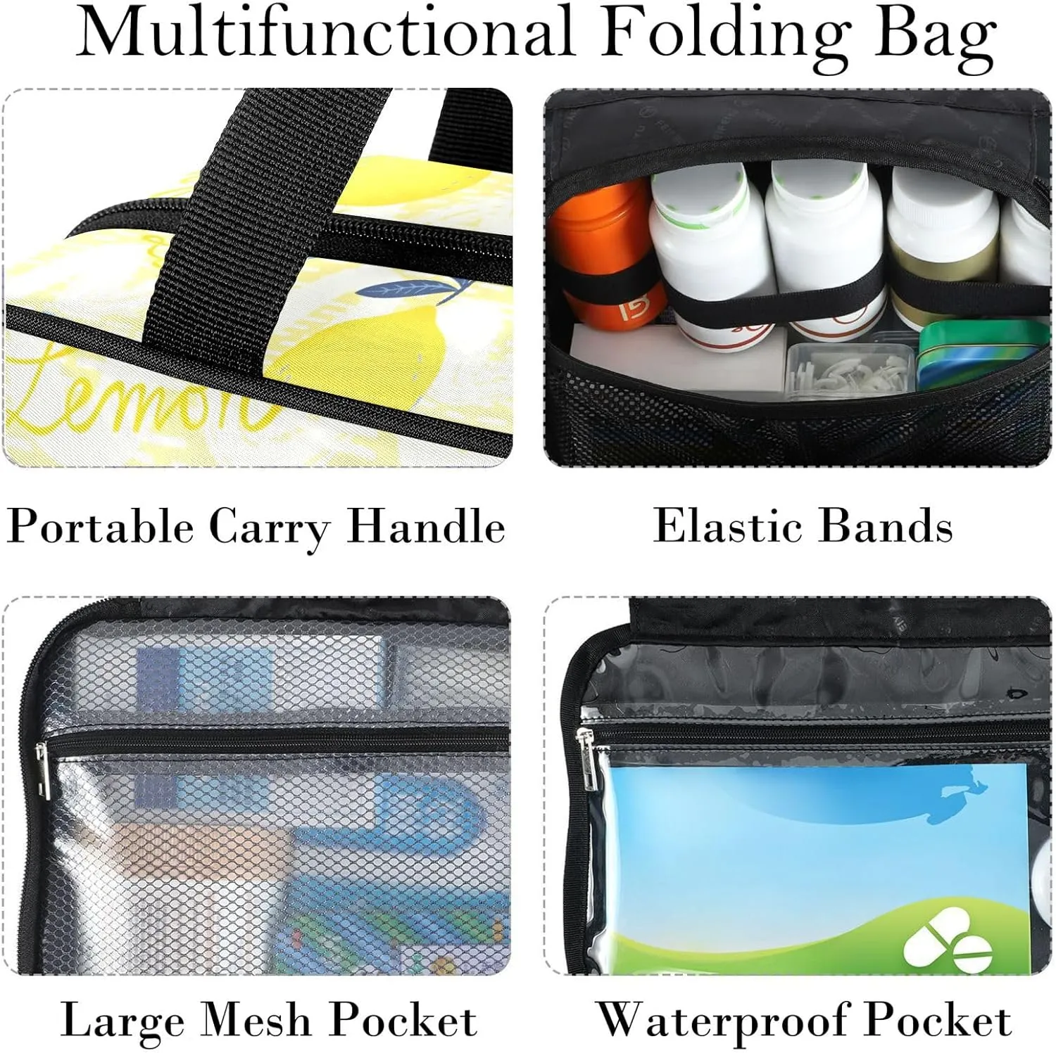 Travel Toiletry Bag for Woman/Men,Yellow Hand Draw Lemon Hanging Organizer Bag with Pockets Portable Folding Travel Case Bags for Makeup Cosmetic Toiletries Storage Traveling-L