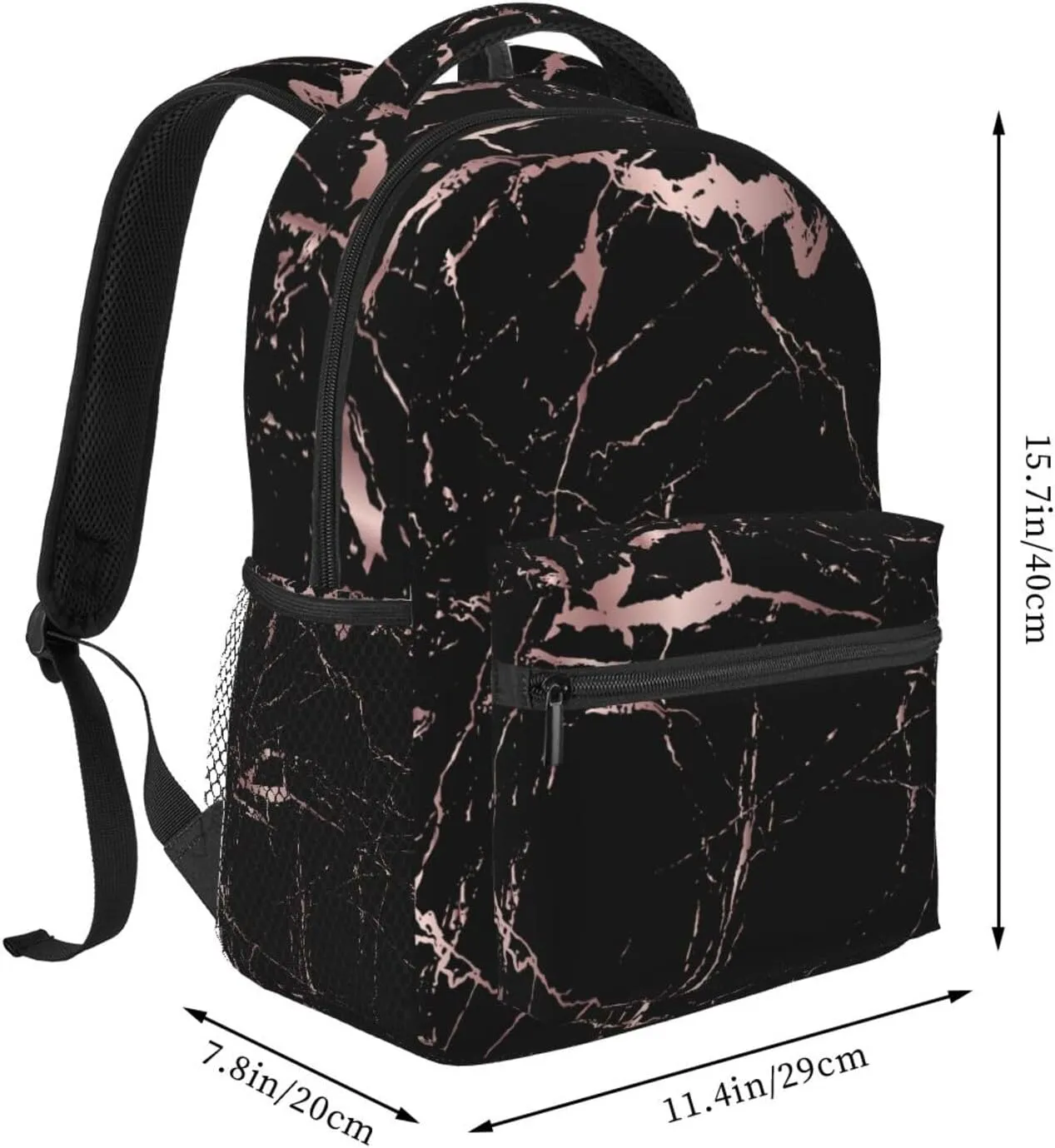 Trendy Marble Modern Rose Gold Black Backpack For School Laptop Bags Bookbag Big Casual Daypack For Student Girls Boys Kids Teens Travel Sports Work