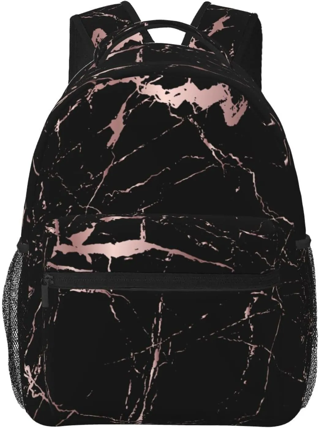 Trendy Marble Modern Rose Gold Black Backpack For School Laptop Bags Bookbag Big Casual Daypack For Student Girls Boys Kids Teens Travel Sports Work