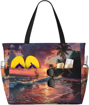 Tropical Sunset Spacious Beach Travel Bagreusable Grocery Tote, Multifunctional Beach Vacation Bag