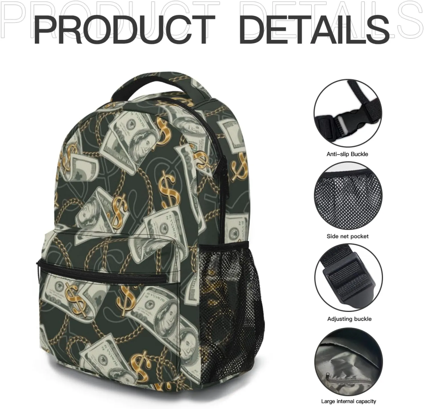 Us Bill Dollars Money Funny Backpack Book Bag Lightweight Casual Daypack for Women Men Travel Laptop 17 Inch