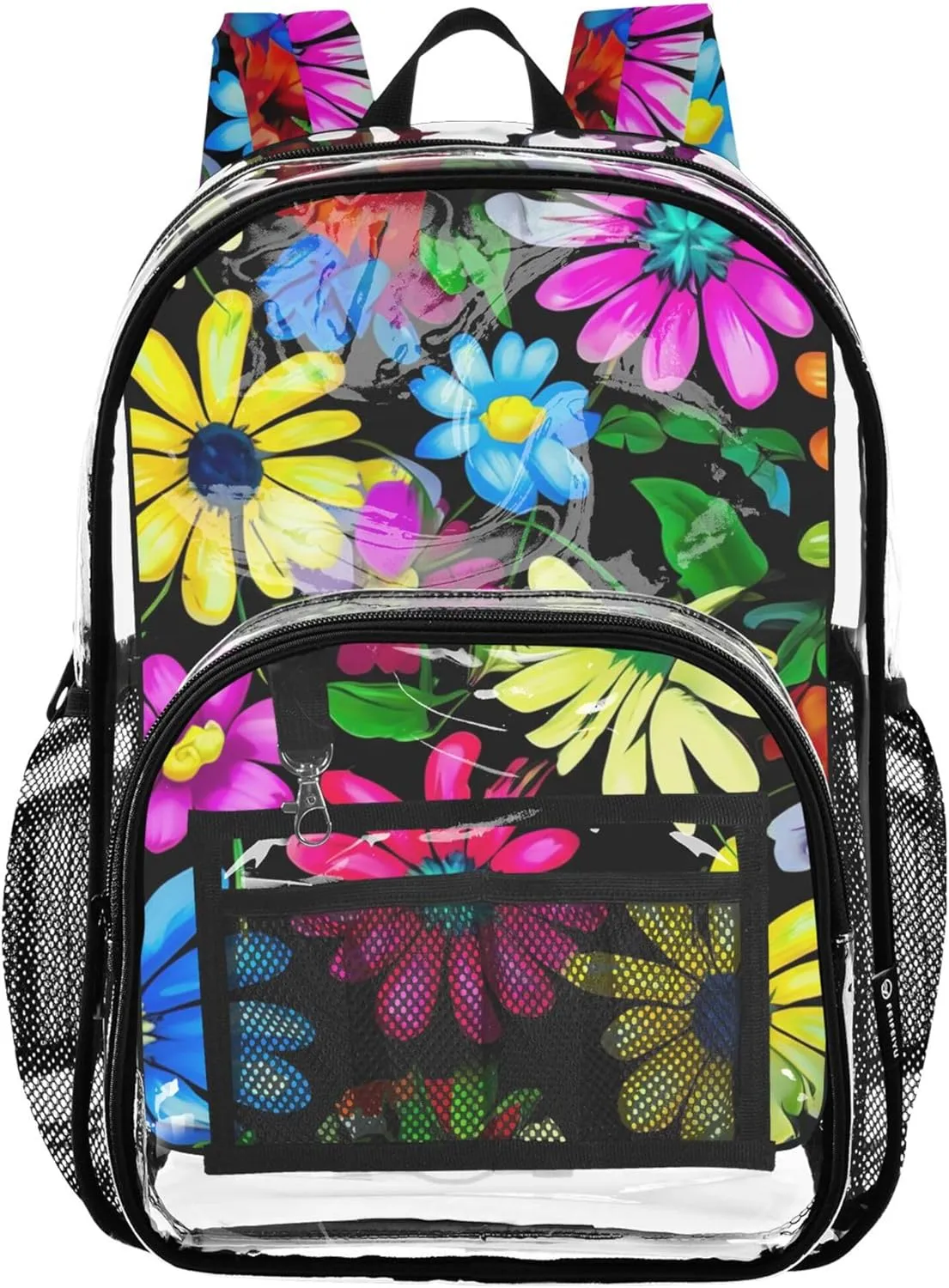 Vibrant Colorful Daisies Black Clear Backpack Women Cute Boys Backpacks for Girls Approved Transparent Bag