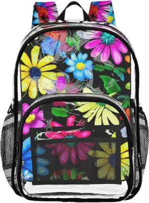 Vibrant Colorful Daisies Black Clear Backpack Women Cute Boys Backpacks for Girls Approved Transparent Bag