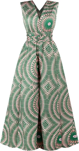 Vimoisa Women Sexy Boho African Jumpsuits Printing Rompers V-Neck Multi-Way Wide Leg Pants