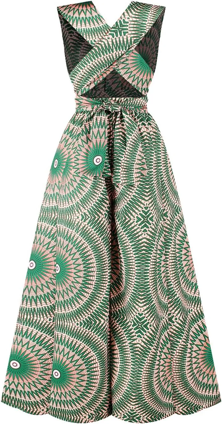 Vimoisa Women Sexy Boho African Jumpsuits Printing Rompers V-Neck Multi-Way Wide Leg Pants
