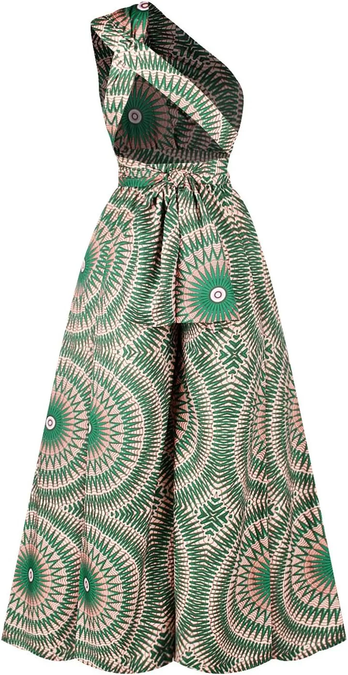 Vimoisa Women Sexy Boho African Jumpsuits Printing Rompers V-Neck Multi-Way Wide Leg Pants