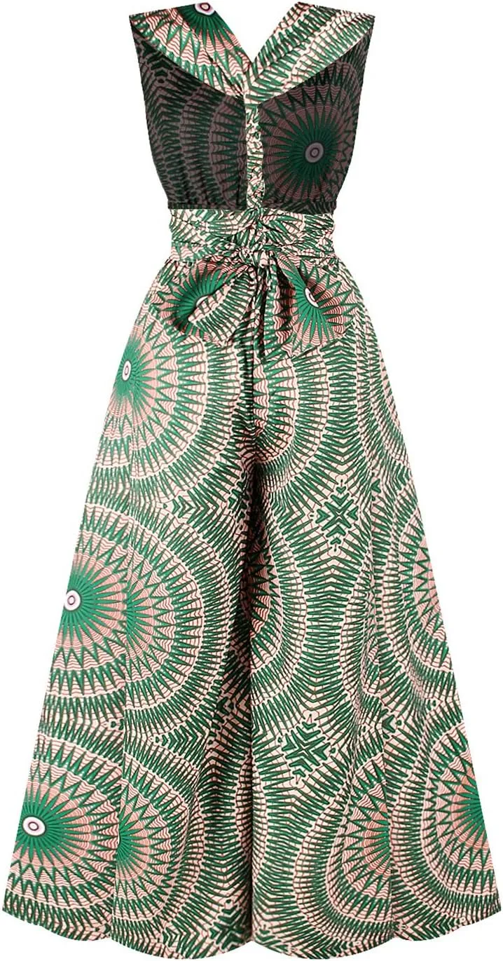 Vimoisa Women Sexy Boho African Jumpsuits Printing Rompers V-Neck Multi-Way Wide Leg Pants