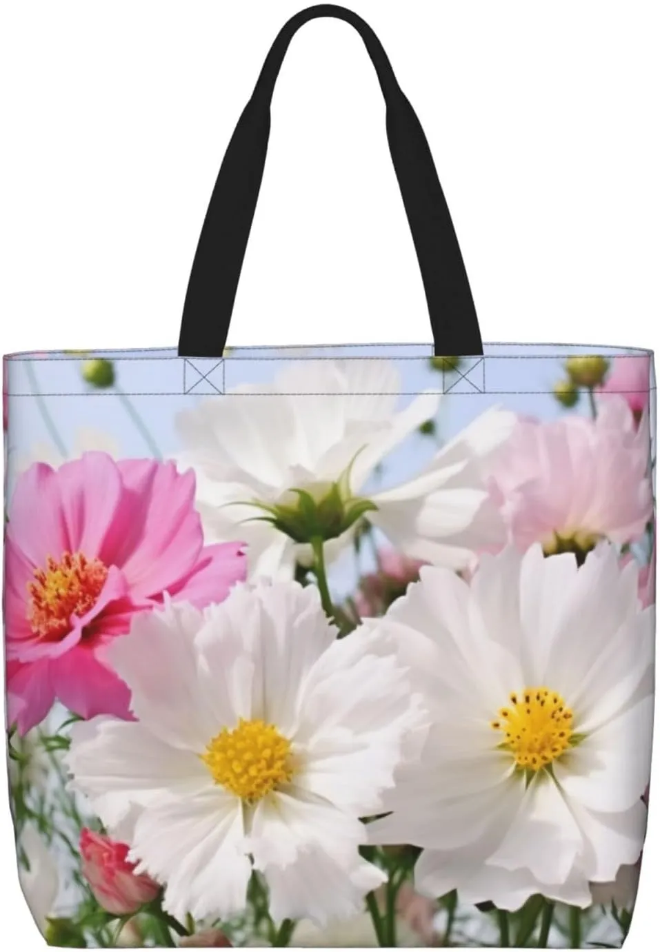white Flowers Tote Bag for Women Hobo Handbags with Zipper Large Shoulder Bag Shopping Bags Travel Purse