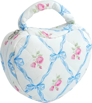 WHJM Cute Heart-shaped Handy Makeup Bag, Small Floral Makeup Pouch, Ideal for Daily Beauty Essentials for Women (Blue Bowknot Rose)