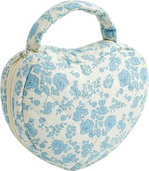 WHJM Cute Heart-shaped Handy Makeup Bag, Small Floral Makeup Pouch, Ideal for Daily Beauty Essentials for Women (Blue Floral)