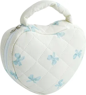 WHJM Cute Heart-shaped Handy Makeup Bag, Small Floral Makeup Pouch, Ideal for Daily Beauty Essentials for Women (Blue Small Bowknot)