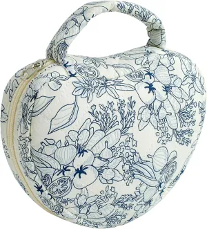 WHJM Cute Heart-shaped Handy Makeup Bag, Small Floral Makeup Pouch, Ideal for Daily Beauty Essentials for Women (Navy Flower)