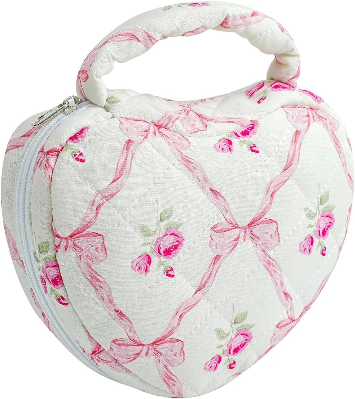 WHJM Cute Heart-shaped Handy Makeup Bag, Small Floral Makeup Pouch, Ideal for Daily Beauty Essentials for Women (Pink Bowknot Rose)