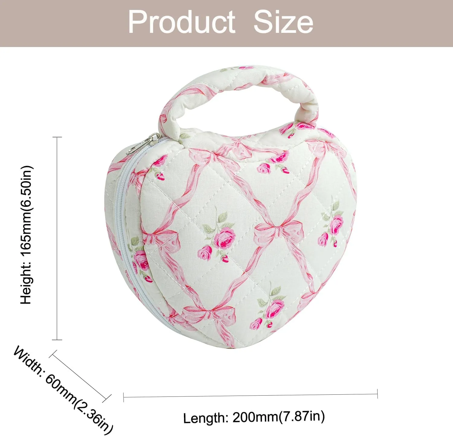 WHJM Cute Heart-shaped Handy Makeup Bag, Small Floral Makeup Pouch, Ideal for Daily Beauty Essentials for Women (Pink Bowknot Rose)