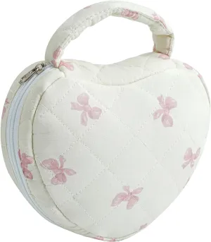 WHJM Cute Heart-shaped Handy Makeup Bag, Small Floral Makeup Pouch, Ideal for Daily Beauty Essentials for Women (Pink Small Bowknot)