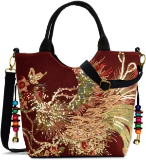 Women Canvas Tote Bag Bling Sequins Phoenix Embroidery Handbag Vintage Casual Shoulder Bags Boho Purses With Pendant