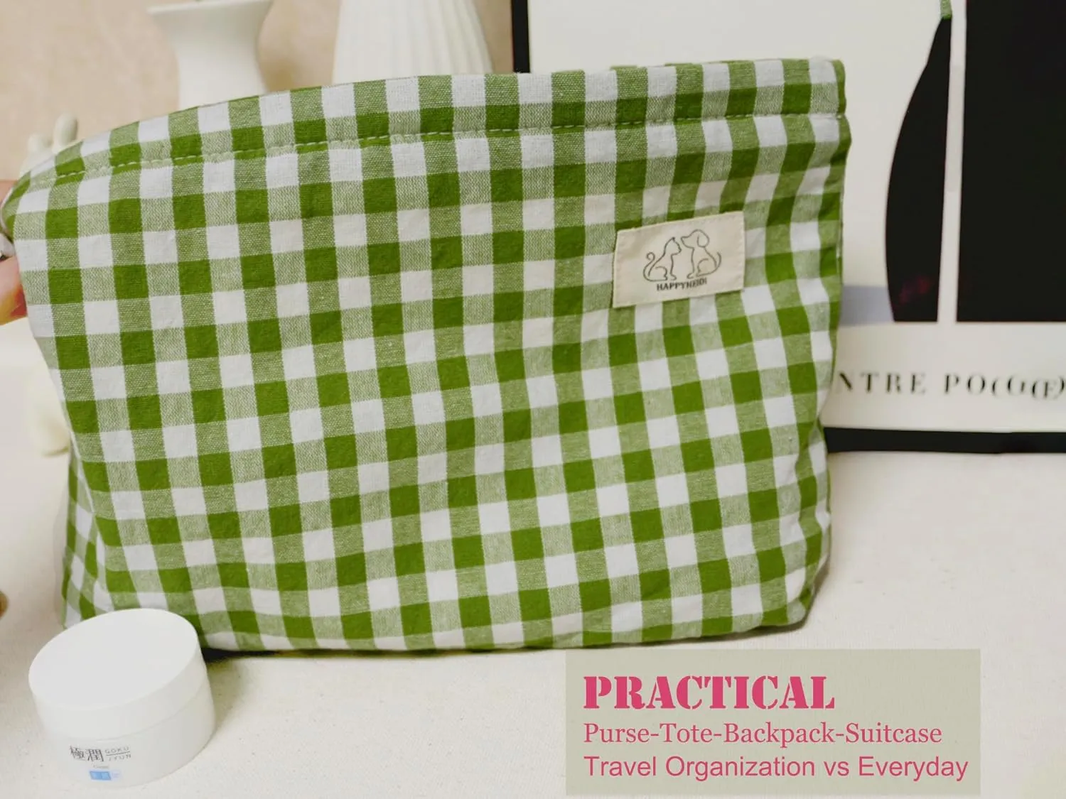 Women Checkered Canvas Makeup Bag Cosmetic Pouch Make Up Travel Purse Organizer, Cute Green Plaid