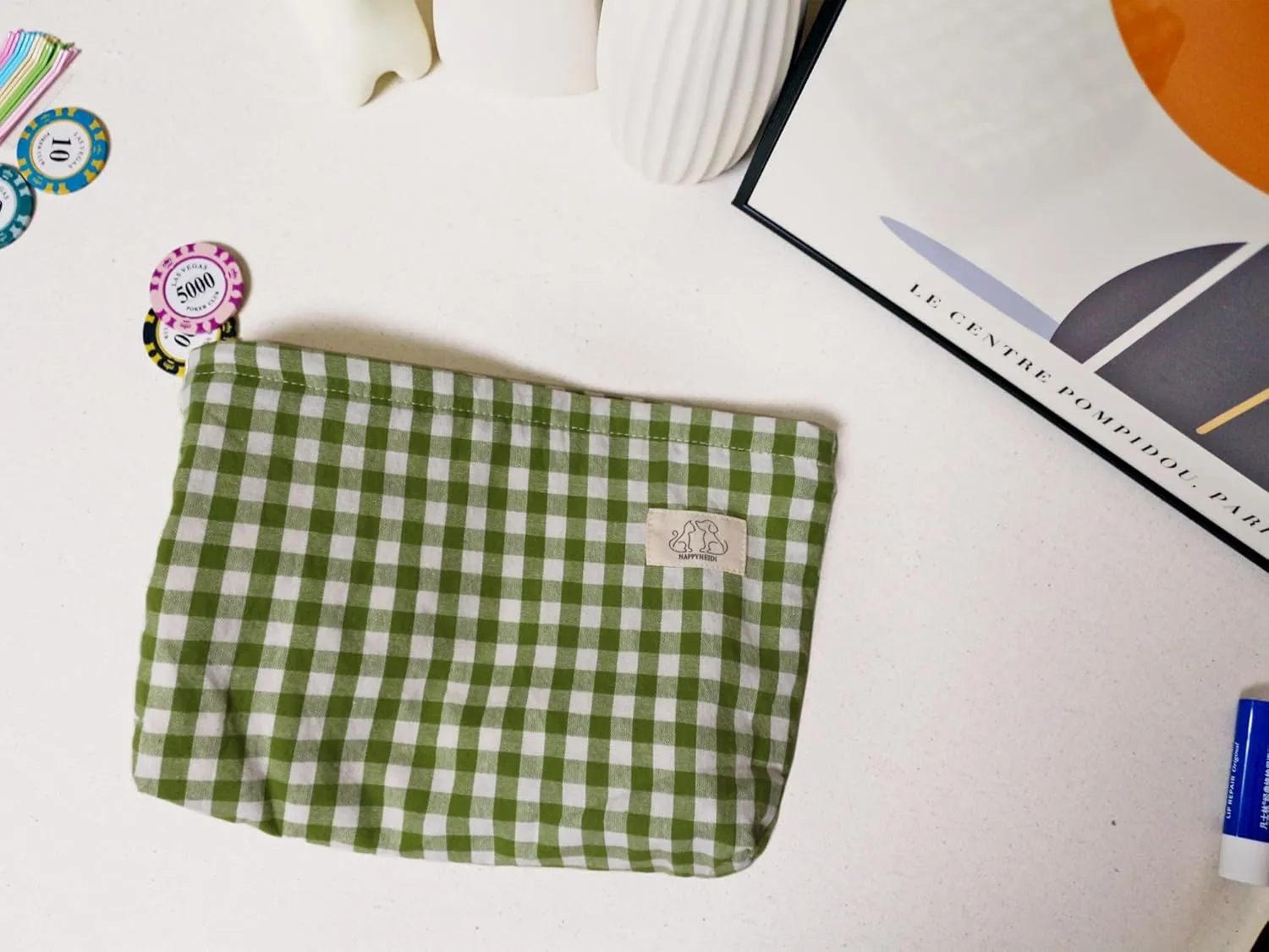 Women Checkered Canvas Makeup Bag Cosmetic Pouch Make Up Travel Purse Organizer, Cute Green Plaid