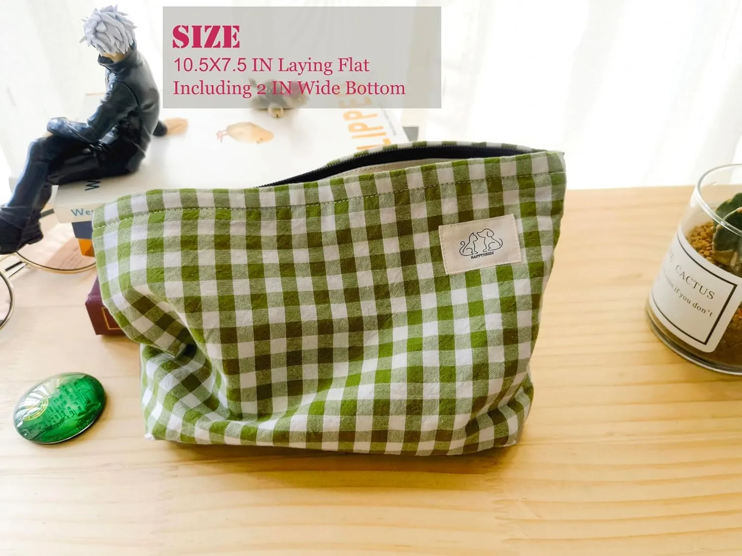 Women Checkered Canvas Makeup Bag Cosmetic Pouch Make Up Travel Purse Organizer, Cute Green Plaid