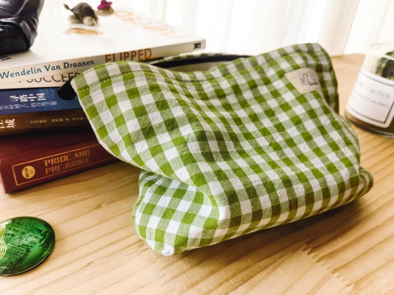 Women Checkered Canvas Makeup Bag Cosmetic Pouch Make Up Travel Purse Organizer, Cute Green Plaid
