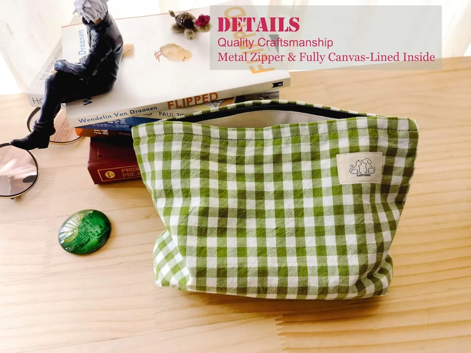 Women Checkered Canvas Makeup Bag Cosmetic Pouch Make Up Travel Purse Organizer, Cute Green Plaid