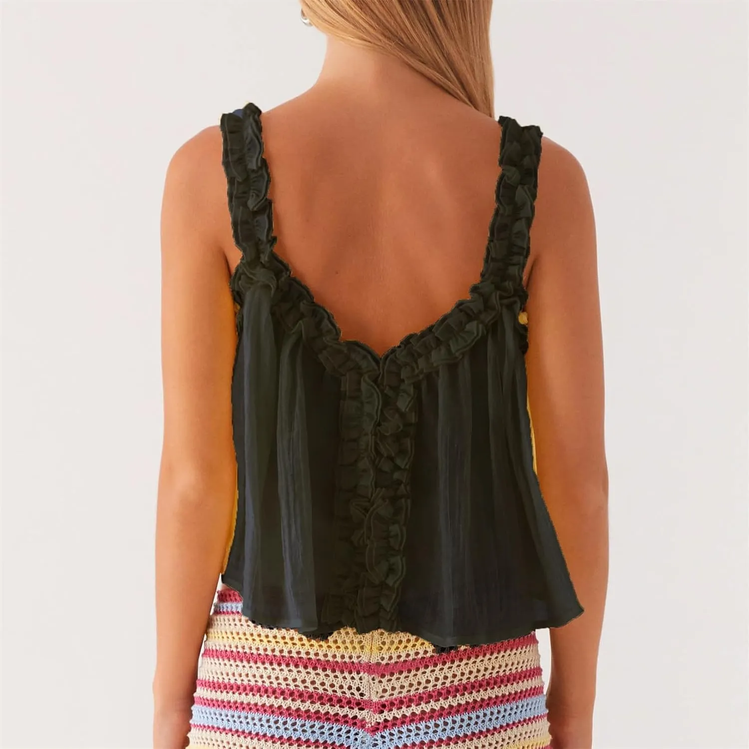 Women Fairycore Boho Ruffle Trim Peplum Camisole Cute Tie Front Button Down Sleeveless Flowy Sheer Cardigan Tank Top