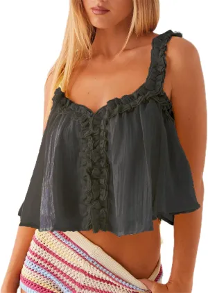 Women Fairycore Boho Ruffle Trim Peplum Camisole Cute Tie Front Button Down Sleeveless Flowy Sheer Cardigan Tank Top