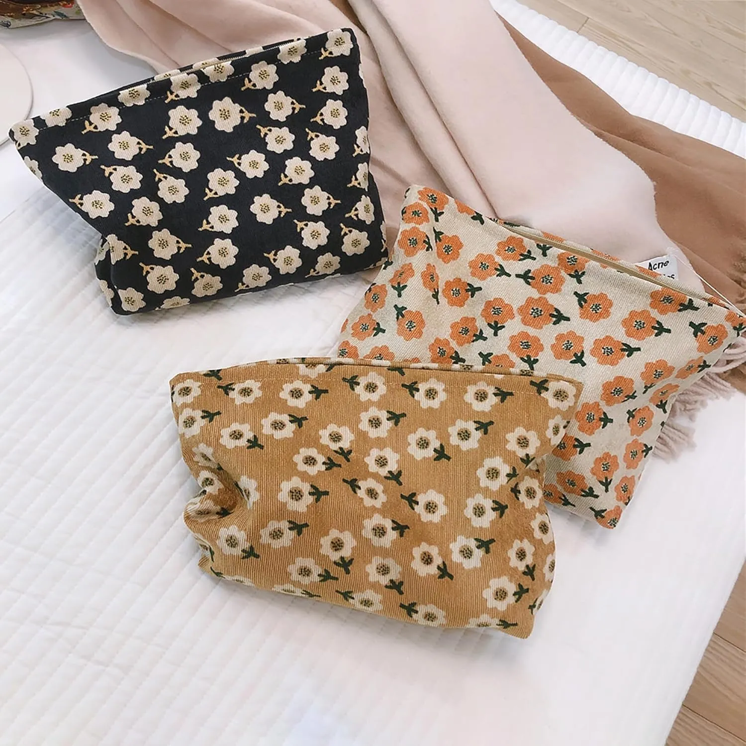 Women Floral Corduroy Canvas Travel Makeup Bag Cosmetic Pouch Purse Organizer, Khaki