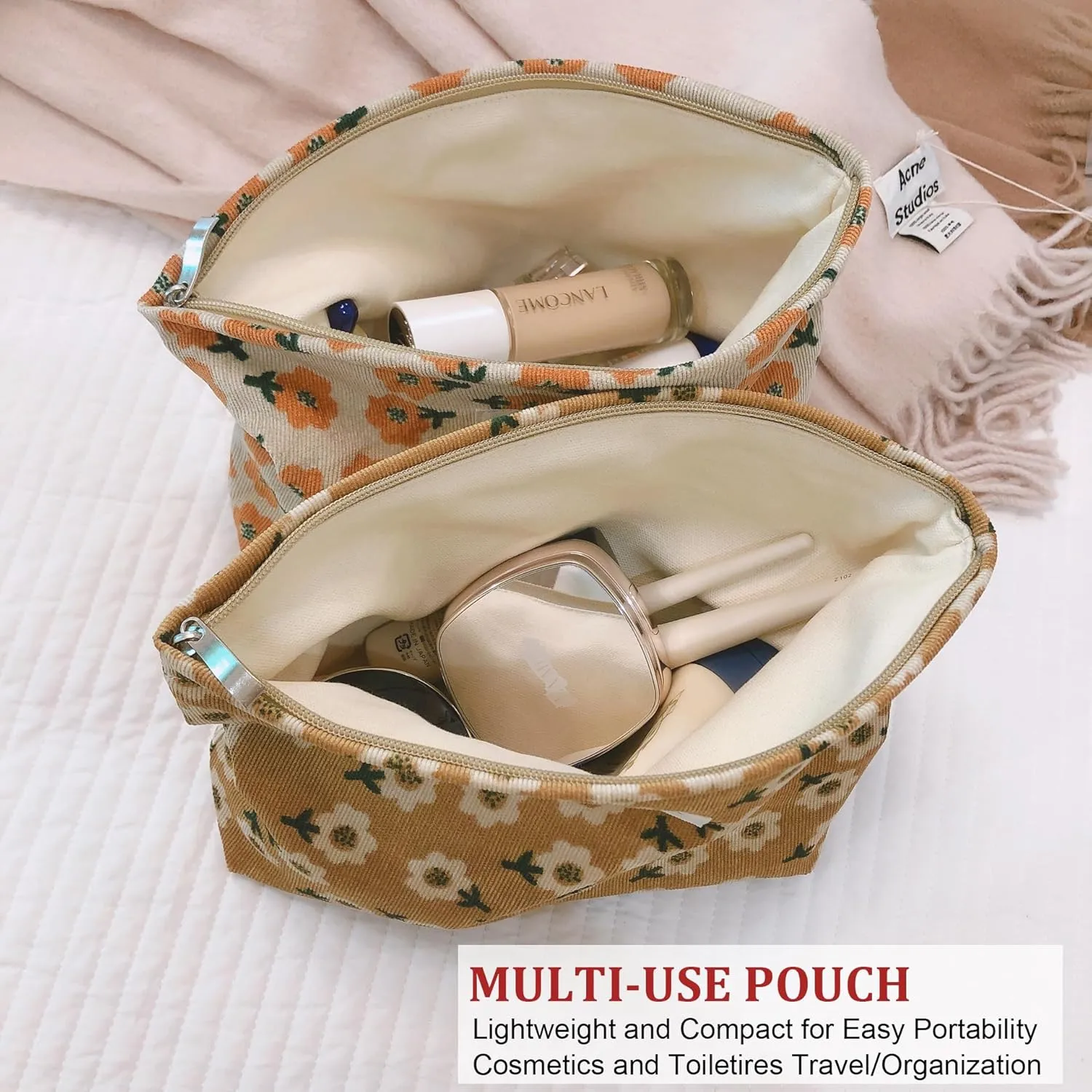 Women Floral Corduroy Canvas Travel Makeup Bag Cosmetic Pouch Purse Organizer, Khaki