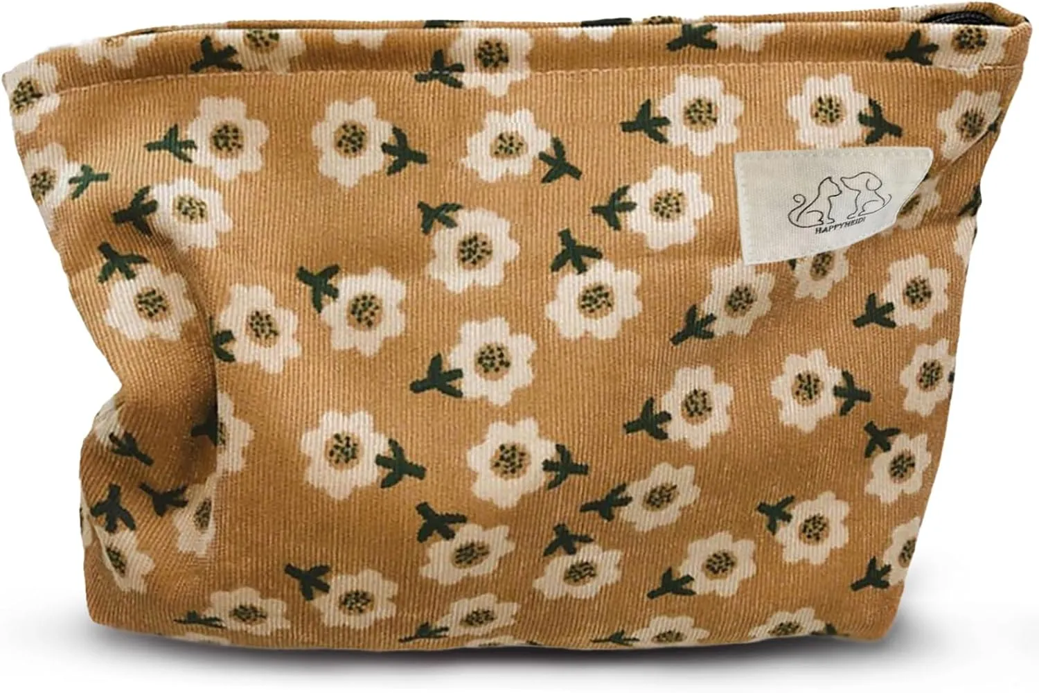 Women Floral Corduroy Canvas Travel Makeup Bag Cosmetic Pouch Purse Organizer, Khaki