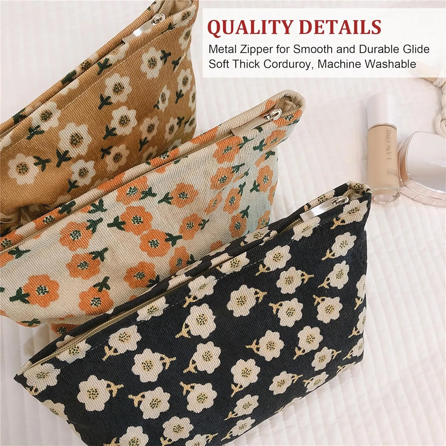 Women Floral Corduroy Canvas Travel Makeup Bag Cosmetic Pouch Purse Organizer, Khaki