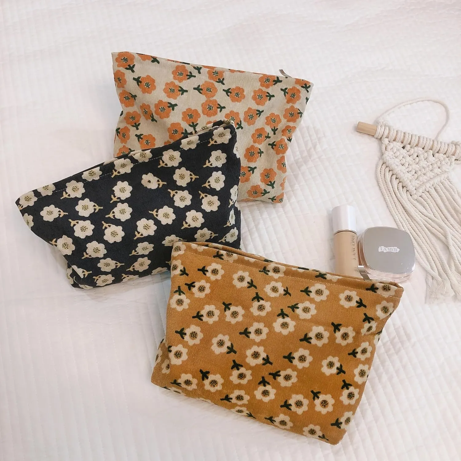 Women Floral Corduroy Canvas Travel Makeup Bag Cosmetic Pouch Purse Organizer, Khaki