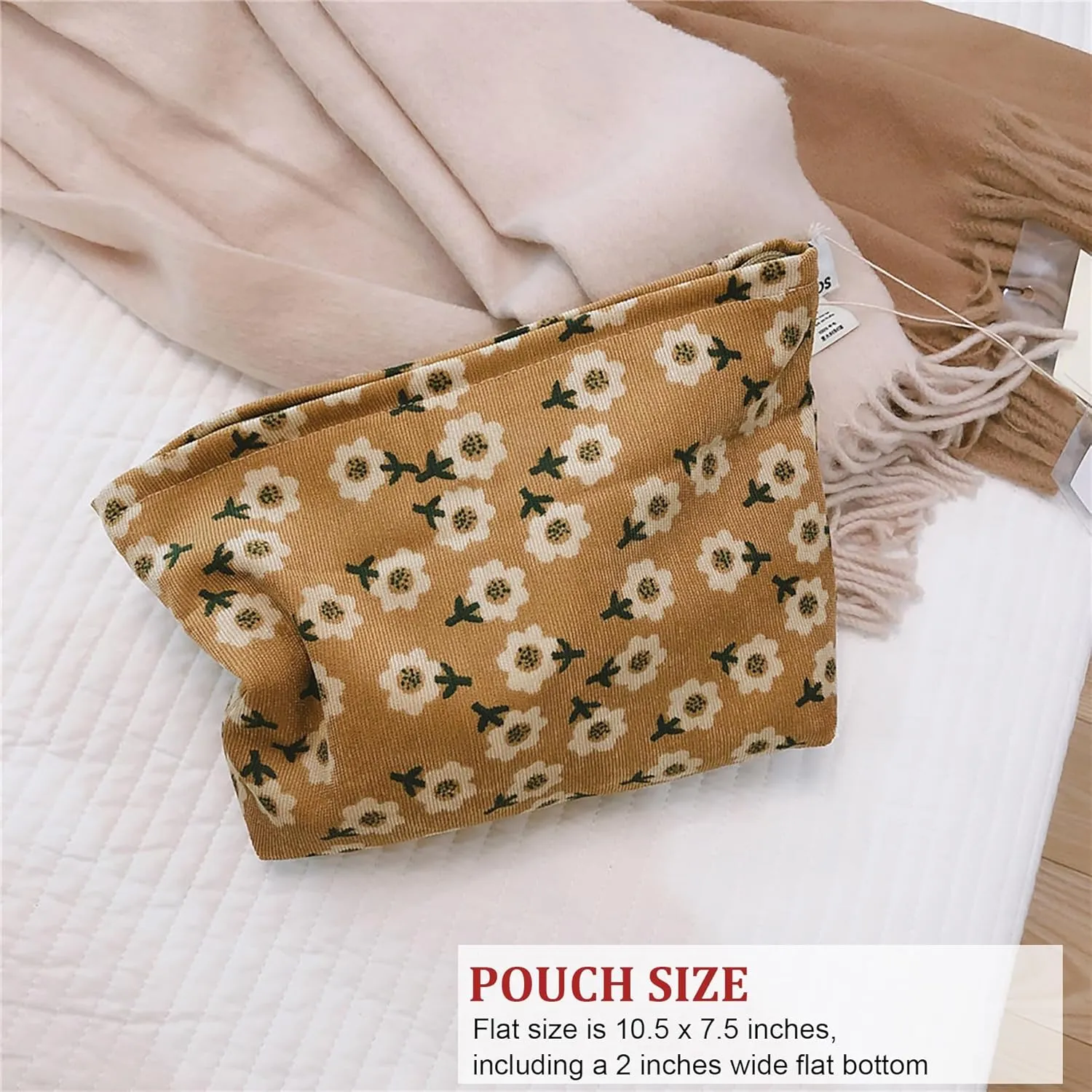 Women Floral Corduroy Canvas Travel Makeup Bag Cosmetic Pouch Purse Organizer, Khaki