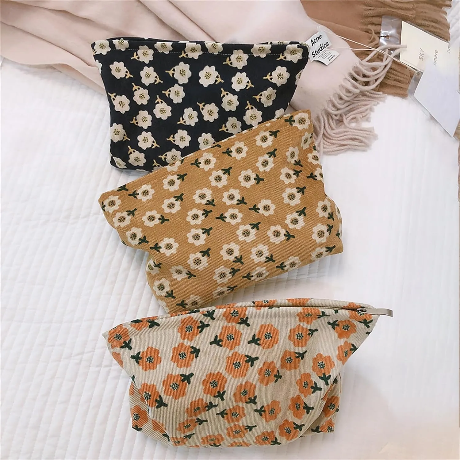 Women Floral Corduroy Canvas Travel Makeup Bag Cosmetic Pouch Purse Organizer, Khaki