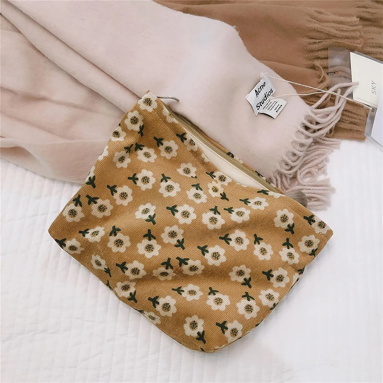 Women Floral Corduroy Canvas Travel Makeup Bag Cosmetic Pouch Purse Organizer, Khaki