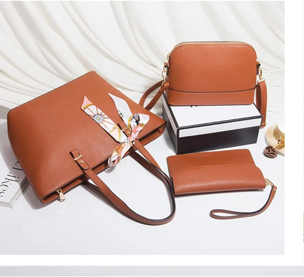 Women Handbags Sets Synthetic Leather Tote Shoulder Bags Classic Dome Satchel Bag Wristlets Wallet Zipper Purses 3-Pcs