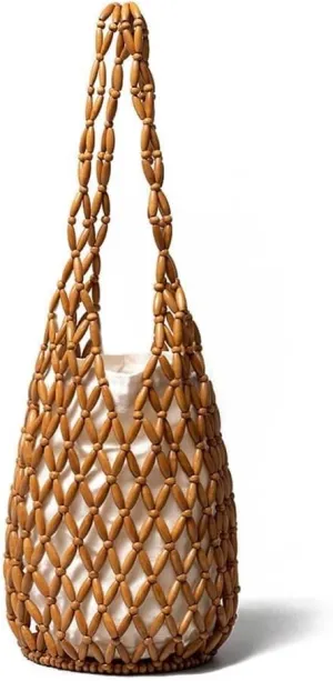 Women Retro Wooden Handbag Woven Bead Tote Bag Hollow Out Beach Casual Bucket Purse Casual Daypack Totes Shoulder Bags