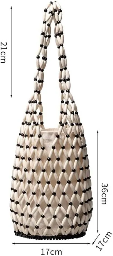 Women Retro Wooden Handbag Woven Bead Tote Bag Hollow Out Beach Casual Bucket Purse Casual Daypack Totes Shoulder Bags