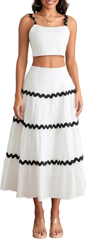 Women Two Piece Outfits Sets Summer Vacation Cropped Tank Top and Maxi Skirt Ruffle Boho Long Skirt Set
