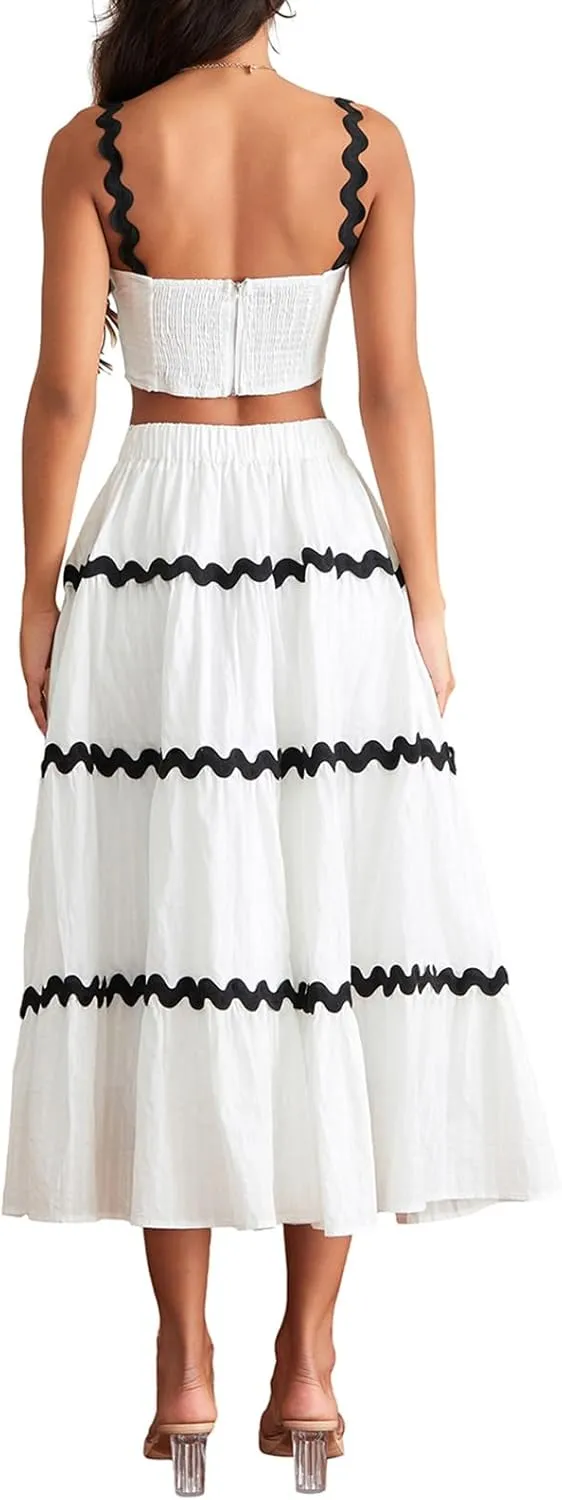 Women Two Piece Outfits Sets Summer Vacation Cropped Tank Top and Maxi Skirt Ruffle Boho Long Skirt Set