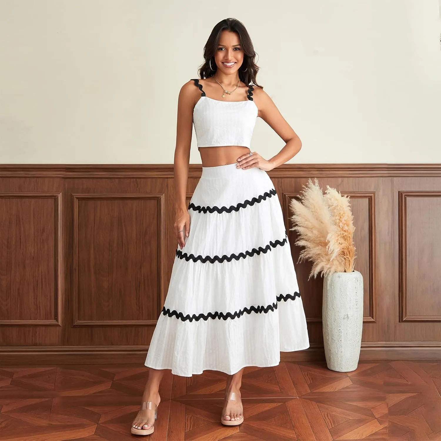 Women Two Piece Outfits Sets Summer Vacation Cropped Tank Top and Maxi Skirt Ruffle Boho Long Skirt Set