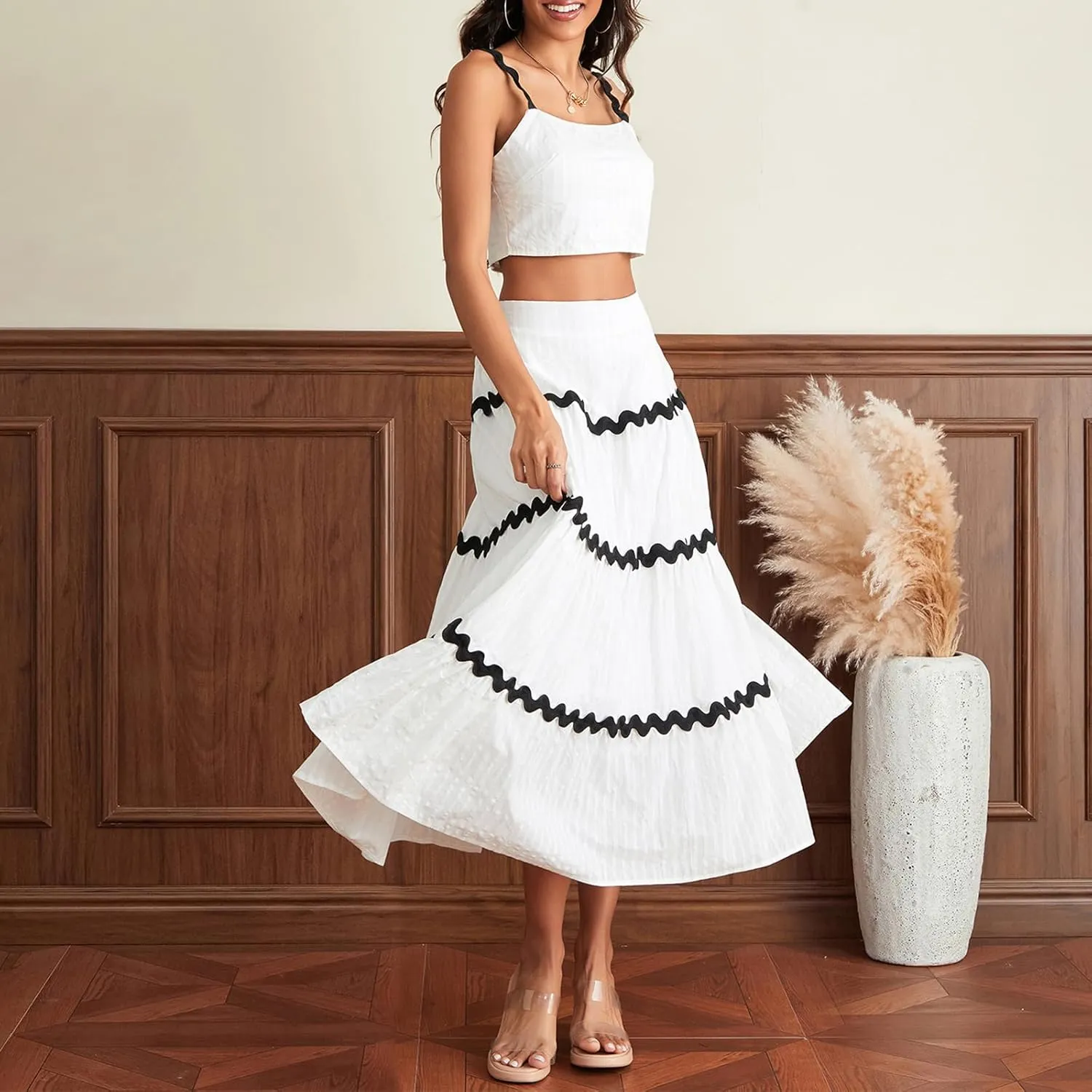 Women Two Piece Outfits Sets Summer Vacation Cropped Tank Top and Maxi Skirt Ruffle Boho Long Skirt Set