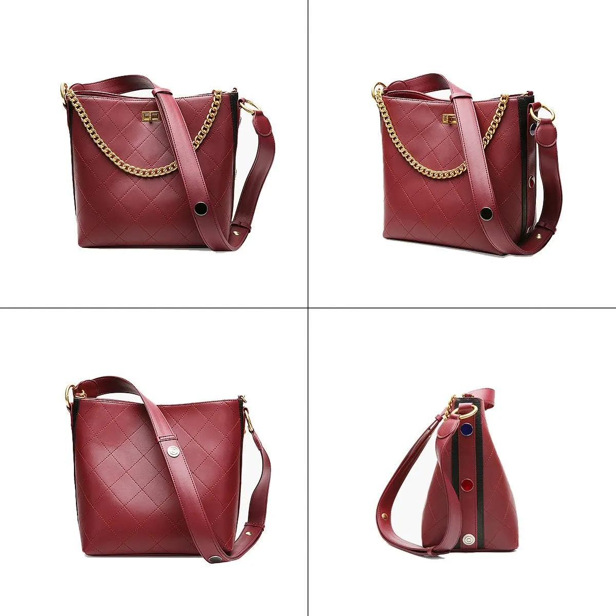 Women Vintage Leather Bucket Bags Chain Strap Shoulder Purse Cross Body Daily Bag