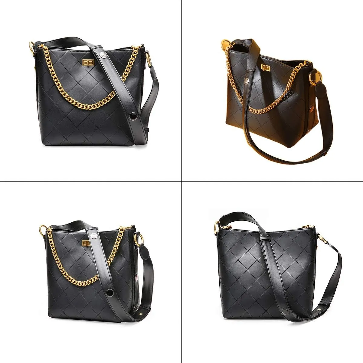 Women Vintage Leather Bucket Bags Chain Strap Shoulder Purse Cross Body Daily Bag