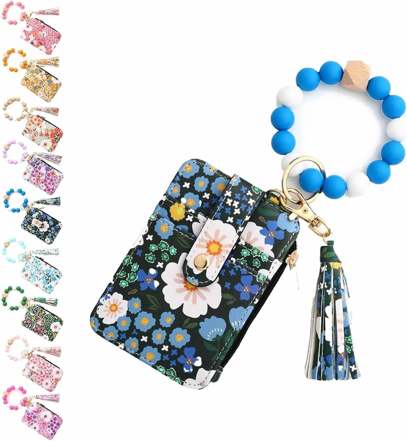 Women's Boho Beaded Wallet, Boho Style Beaded Tassel Keychain Wallet with Flower Pattern Bracelet Wallets